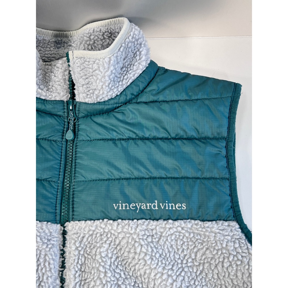 Vineyard Vines Mens Medium Sherpa Fleece Quilted Puffer Vest Green Gray Full Zip